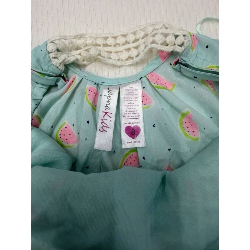 Japna Kids Girls Size 8 Watermelon Print Romper Blue Crochet Trim Summer